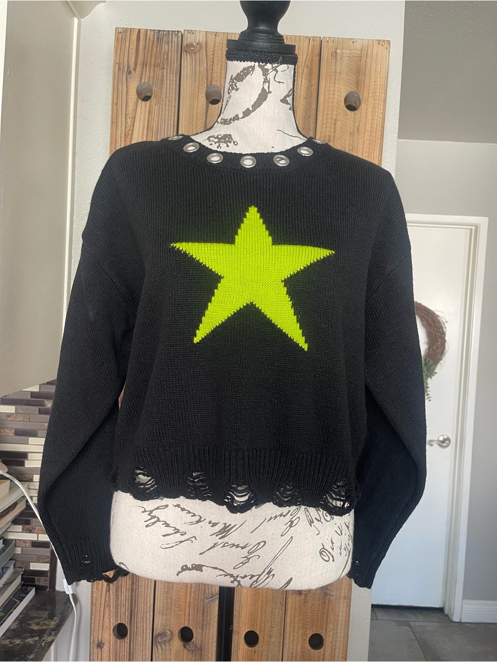 Hot Topic Black Sweater with Neon Green Star and Grommet Neck